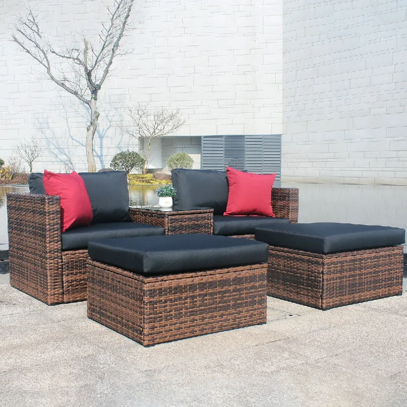 5pcs Outdoor Patio Garden Brown Wicker Sectional Conversation Sofa Set with Cushions,Pillows and Furniture Protection Cover