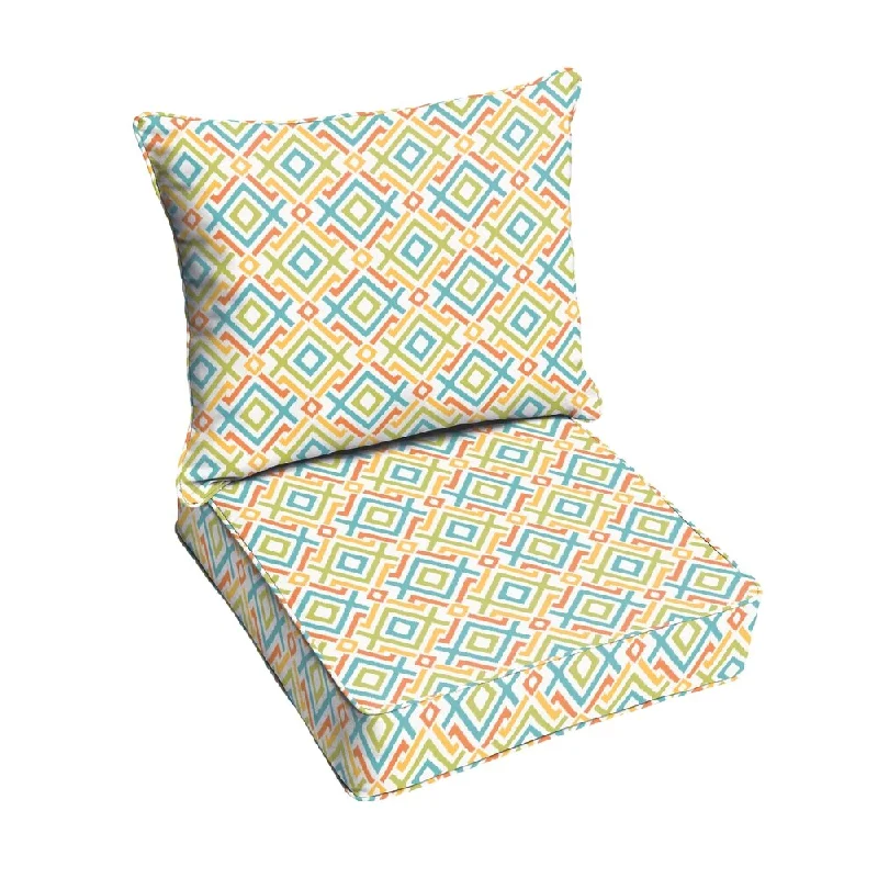 Blue Green Geometric Indoor/ Outdoor Corded Chair Cushion And Pillow Set