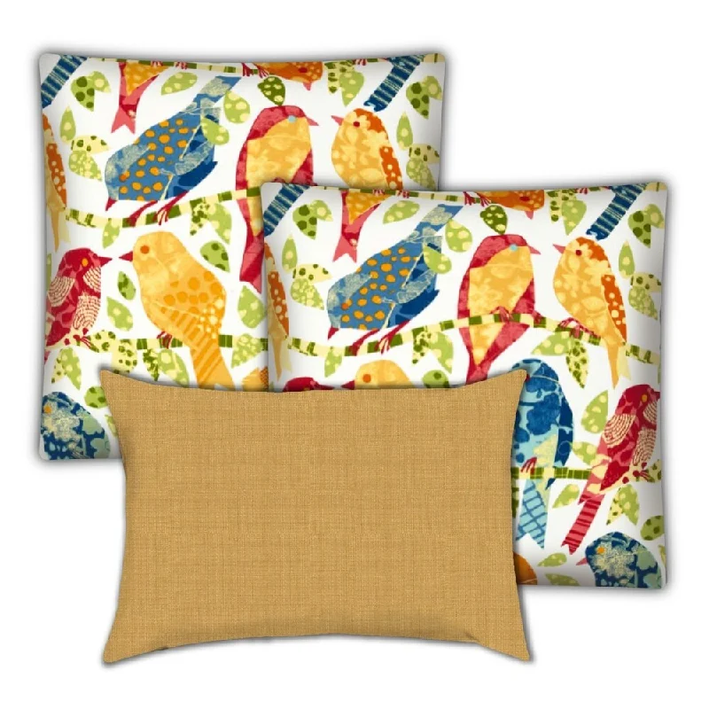 Special Savings Golden Parakeets Indoor/Outdoor, Zippered Pillow Cover, Set of 2 Large & 1 Lumbar, Gold, Blue, Straw