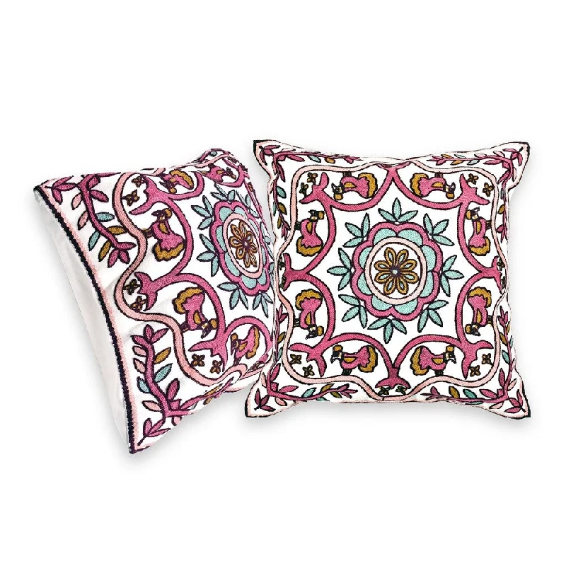 Handmade Embroidered Flower Centerpiece with Bird Accents Throw Pillow Cover Set (Thailand)