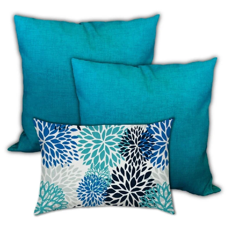 Extra Savings Lanai Foliage Indoor/Outdoor, Zippered Pillow Cover, Set of 2 Large & 1 Lumbar, White, Blue, Aqua