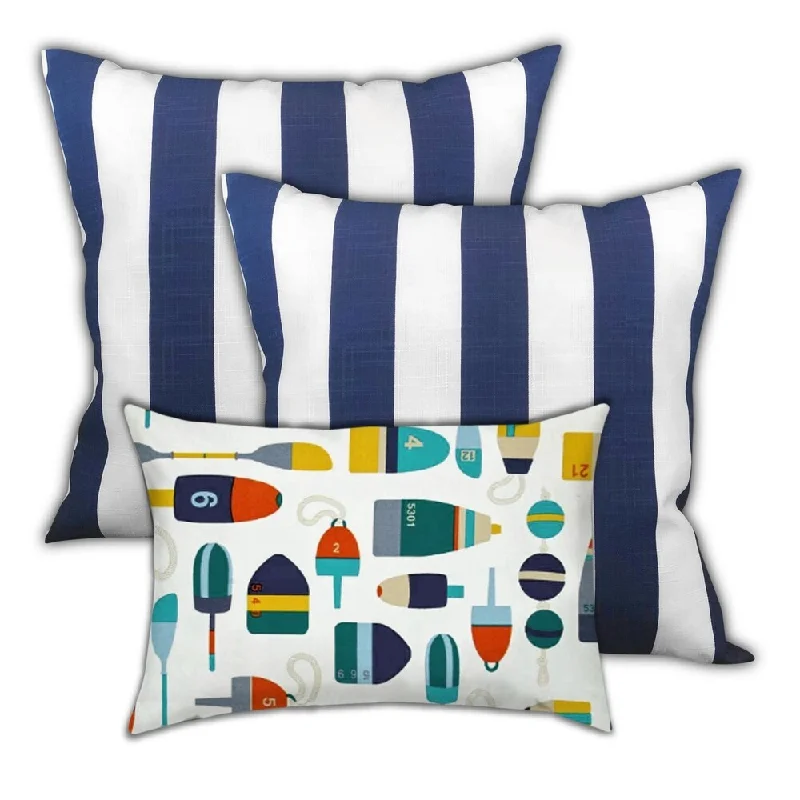 Limited Edition Sailors Stripes Indoor/Outdoor, Zippered Pillow Cover, Set of 2 Large & 1 Lumbar, Yellow, Teal, Blue