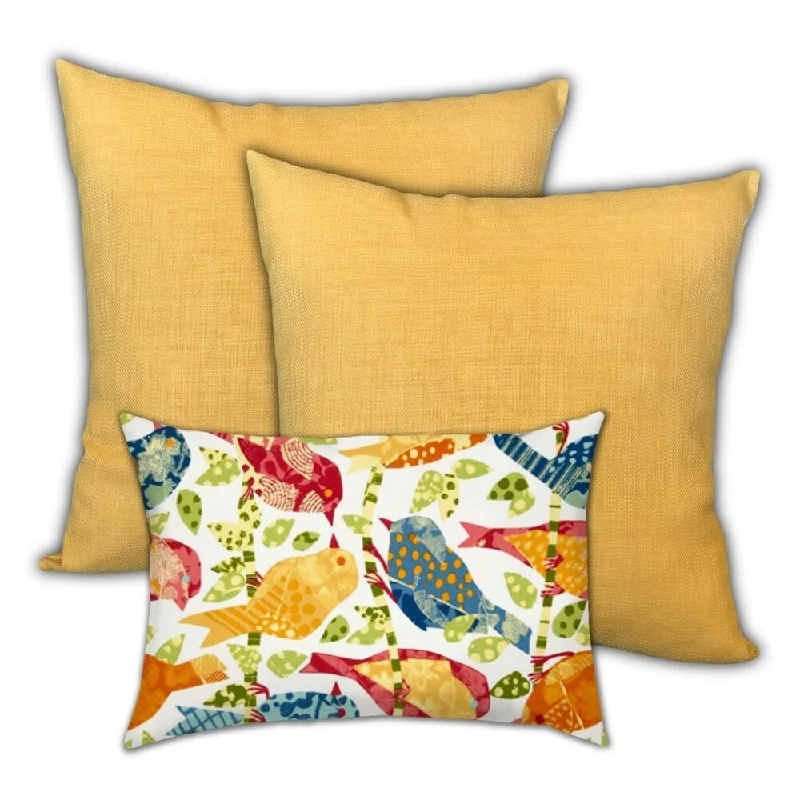Must-Have Deals Song Birds Indoor/Outdoor, Zippered Pillow Cover, Set of 2 Large & 1 Lumbar, Gold, Blue, Straw