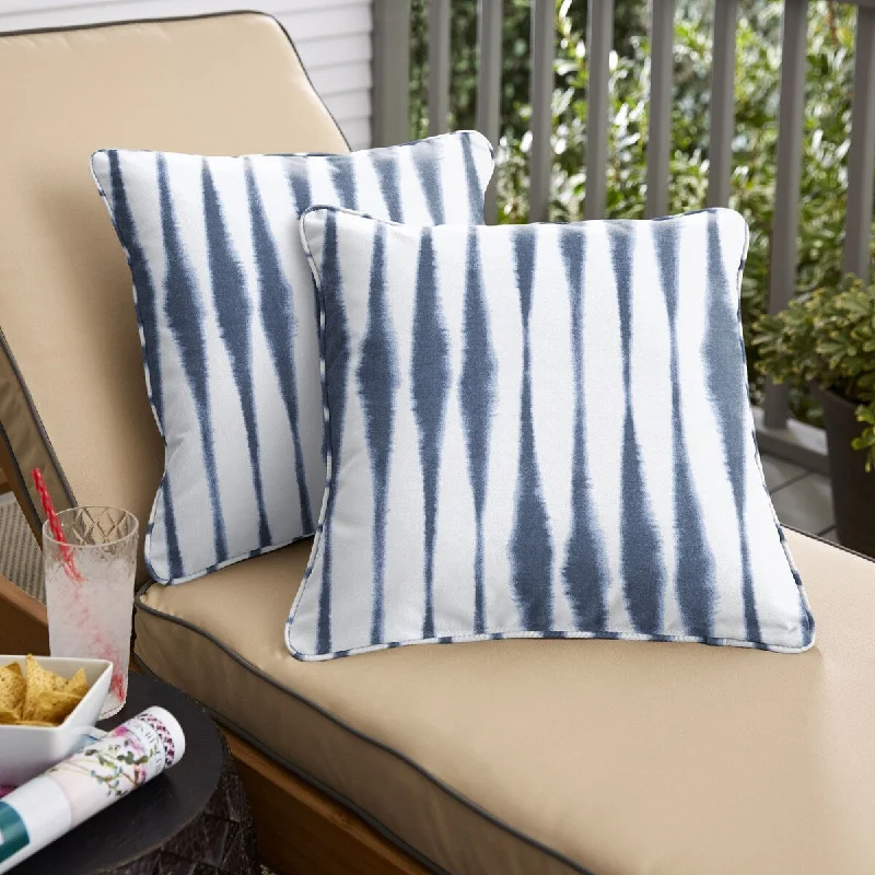 Sorra Home Blue and White Ikat Stripe Indoor/Outdoor Corded Square Pillows (Set of 2)