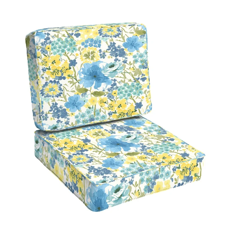 Sorra Home Indoor/ Outdoor Blue/ Yellow Floral Chair Cushion Set - 22 in w x 22 in d