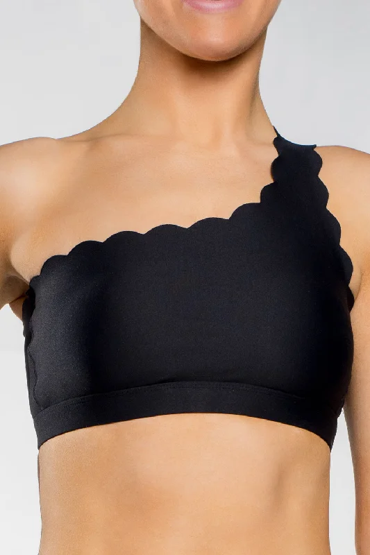 One Shoulder Scalloped Sports Bra in Black