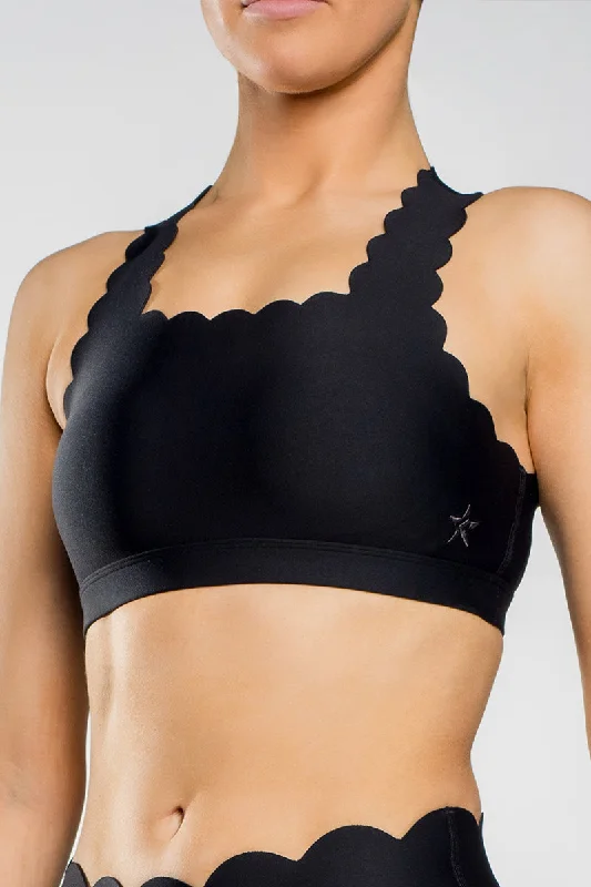 Scalloped Racerback Sports Bra in Black