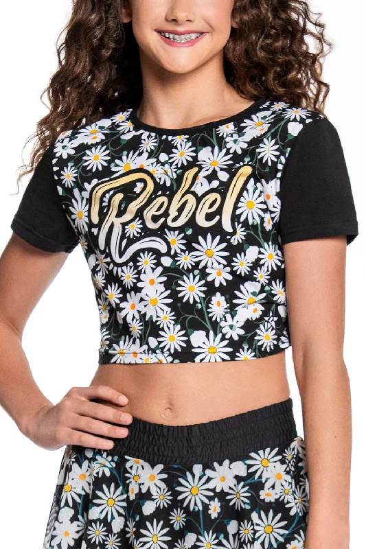 Super Bargain Twist Back Cropped Tee in Black Daisy