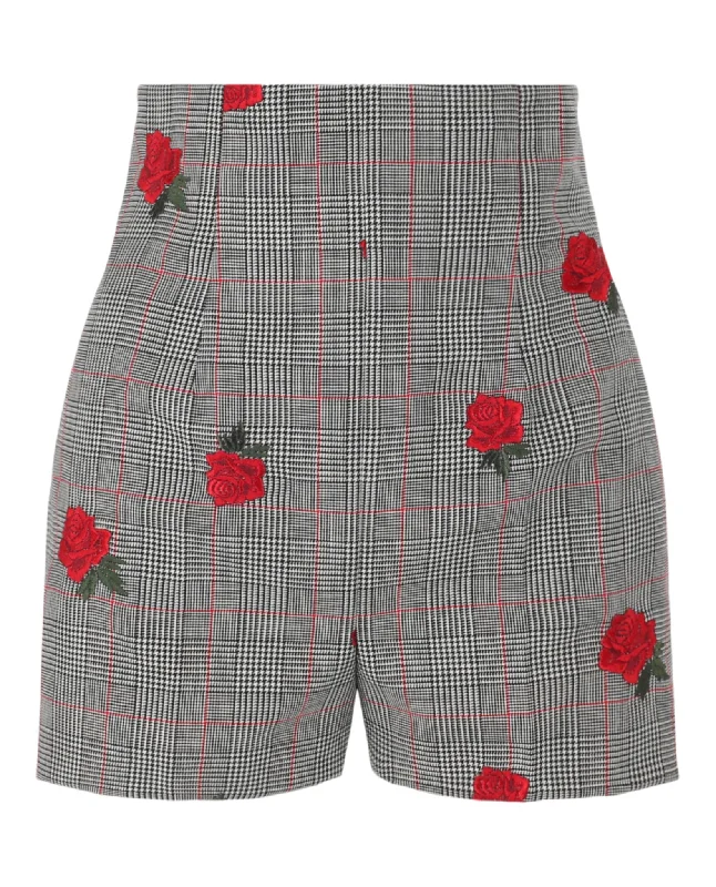 Daily Specials Rose-Embroidered Check-Print Shorts