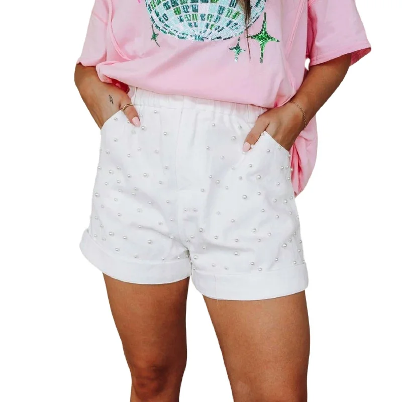 Price Smash Women's Pearl Studded Paperbag Shorts In Off White