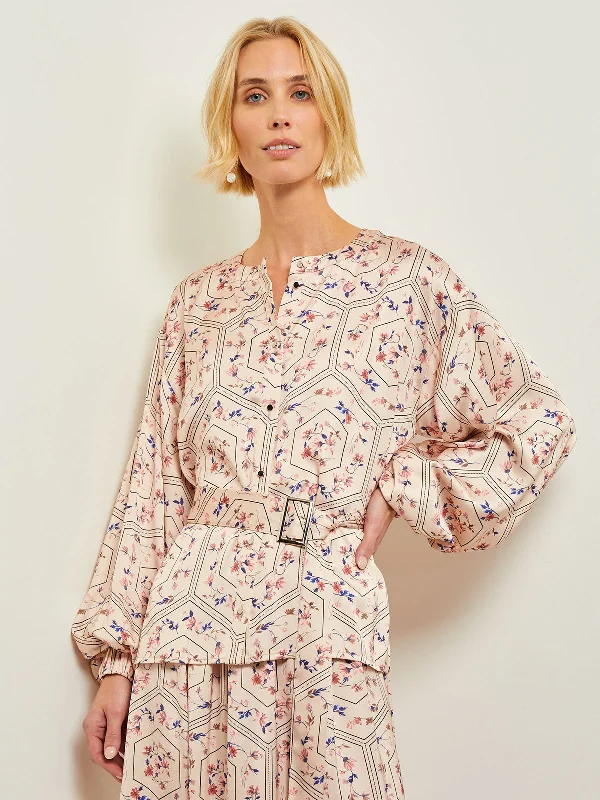 Take Advantage Balloon Sleeve Belted Blouse - Floral Print Crepe de Chine