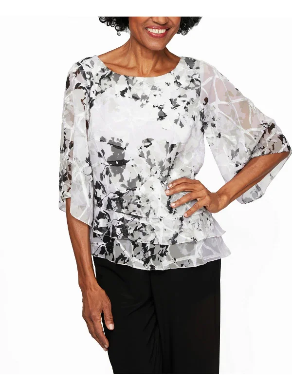 Petites Womens Printed Tiered Blouse