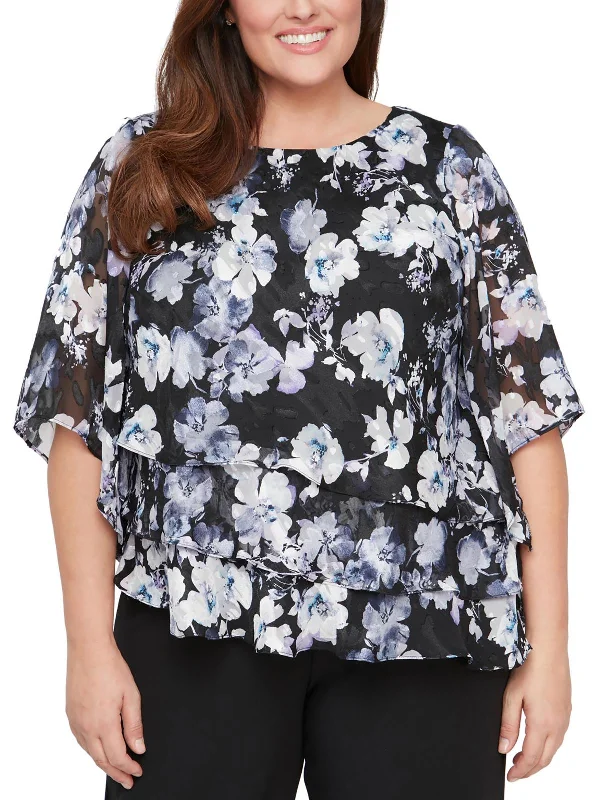 Limited Edition Plus Womens Tiered Floral Print Blouse