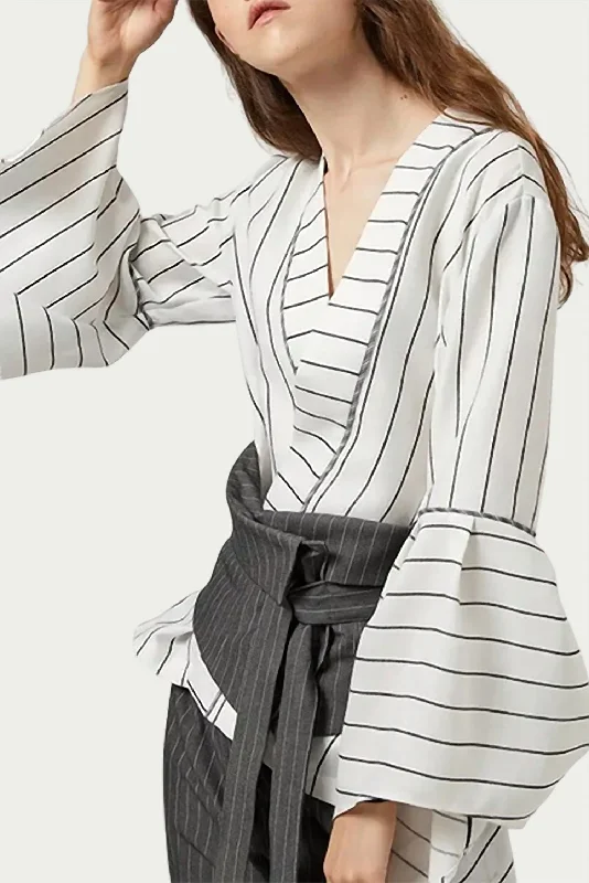 Don't Wait Ronnie Pinstripe Wrap Blouse In White/grey