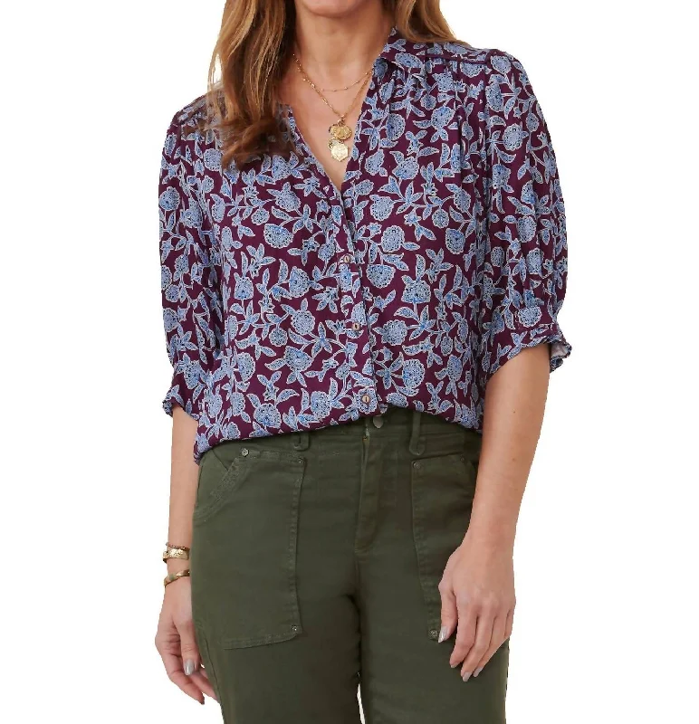 Summer Floral Button-Front Top In Cerulean Blue/purple