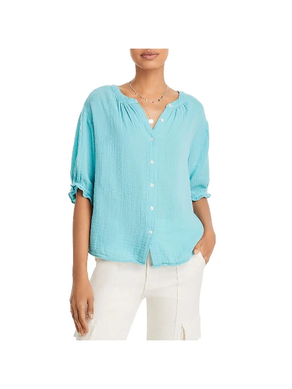 Savings Event Womens 100% Cotton Elbow Sleeves Button-Down Top