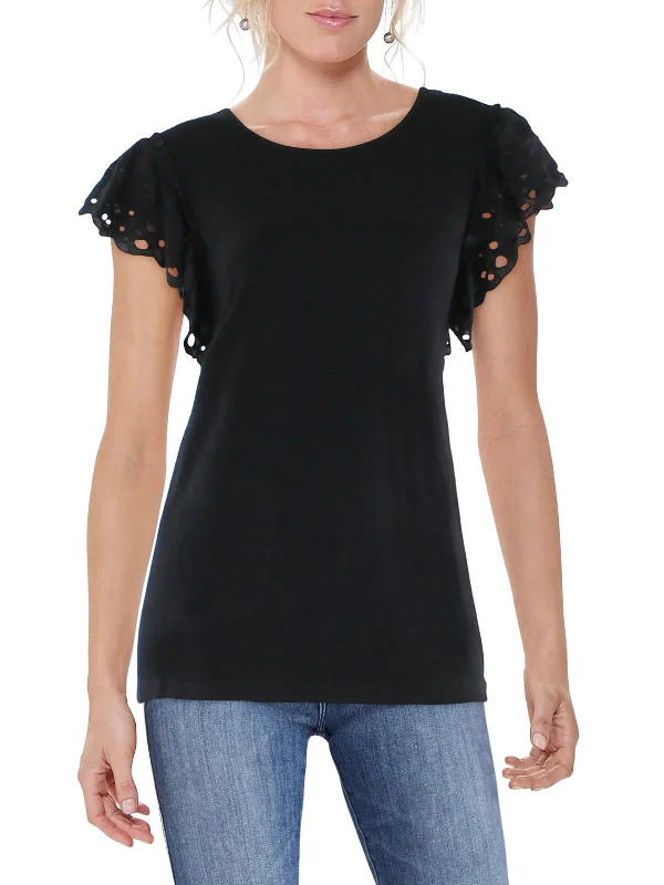 Exclusive Access Womens Eyelet Ruffled Sleeve Pullover Top