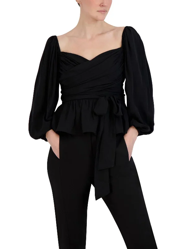 Womens Puff Sleeve Knot-Front Peplum Top