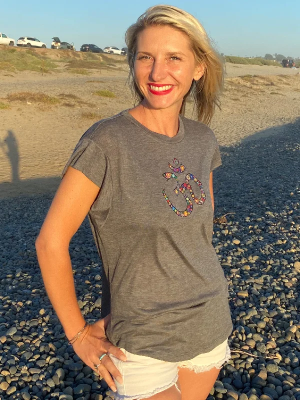 Final Clearance Black Flower Om Hi-Lo Scallop Tee