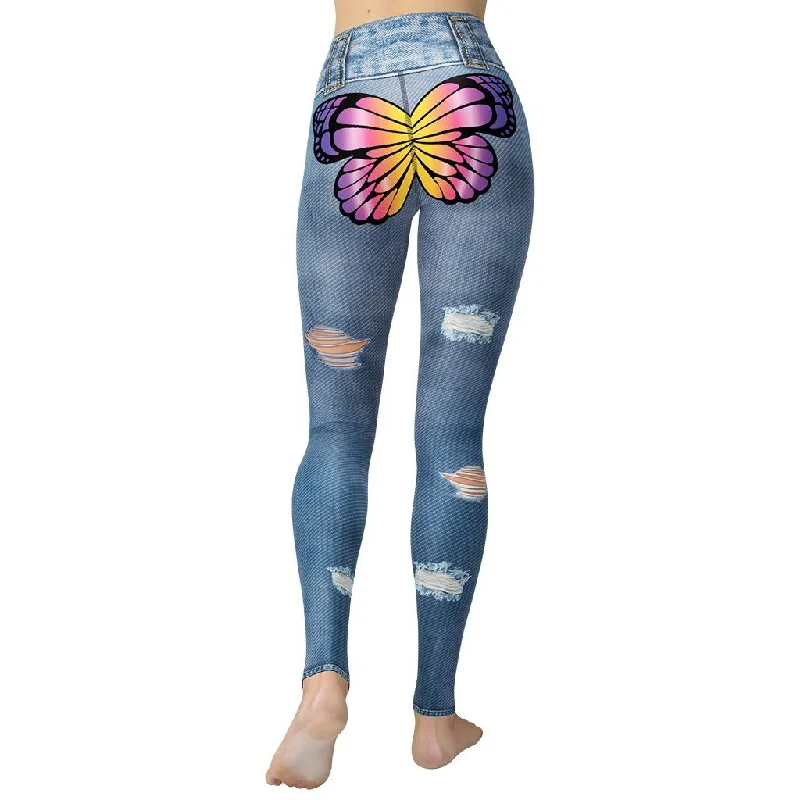 Year-End Clearance Butterfly Denim Print Yoga Leggings