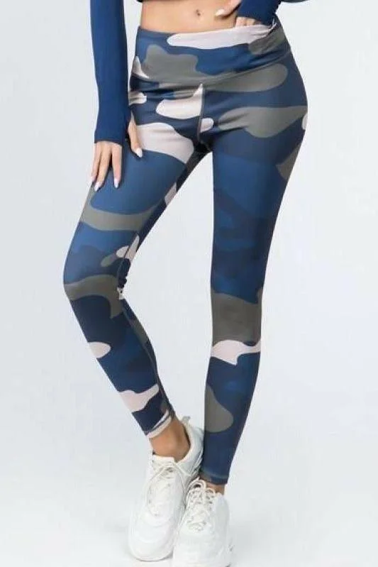 Blue Camouflage Print Leggings with Hidden Pocket