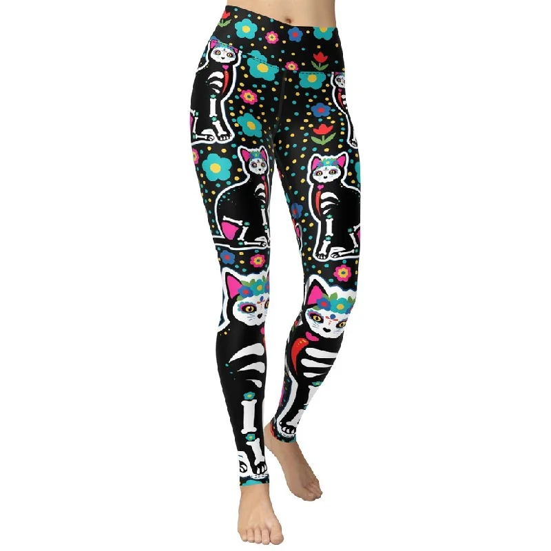 Extra Discounts Day of the Dead Cat Print Yoga Leggings