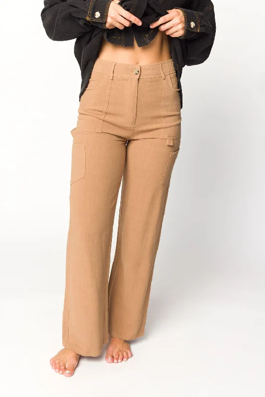 Sadie Linen Cargo Pants With Pockets in Taupe