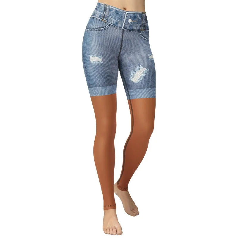 Special Price Medium Brown Denim Shorts Print Yoga Leggings