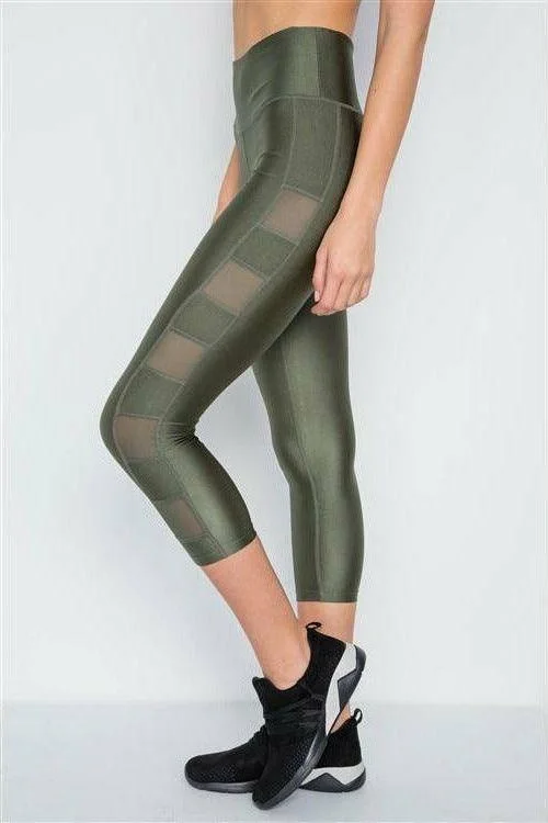 Olive Phone Pocket Capri Mesh Detail Yoga Leggings