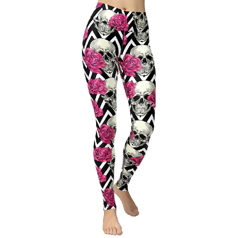 Factory Direct Sale Pink Roses and Skulls Yoga Leggings
