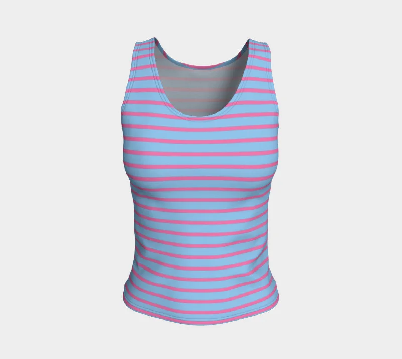 Striped Fitted Tank Top - Pink on Light Blue