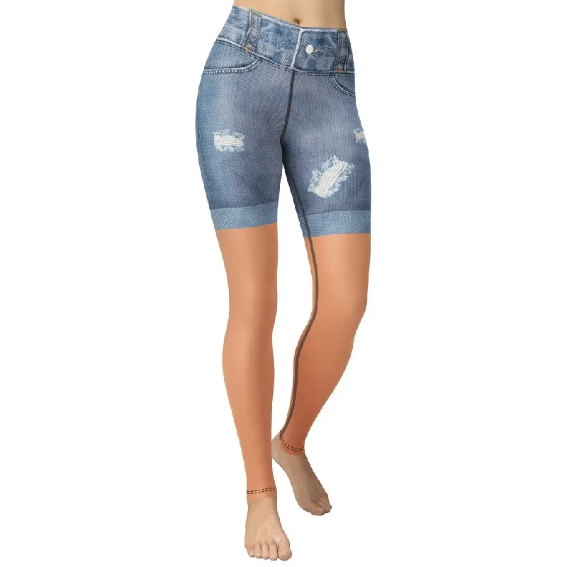 Super Bargain Tan Tone Denim Shorts Print Yoga Leggings
