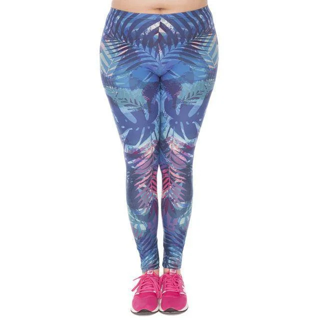 Tropical Leaves Blue High Waist Leggings plus