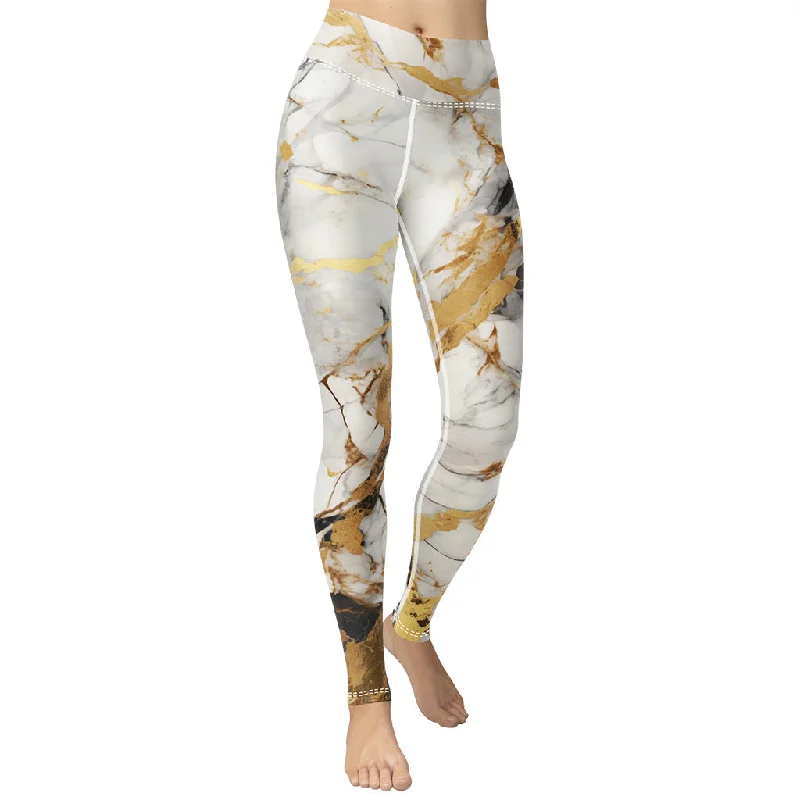 White & Gold Marble Yoga Leggings