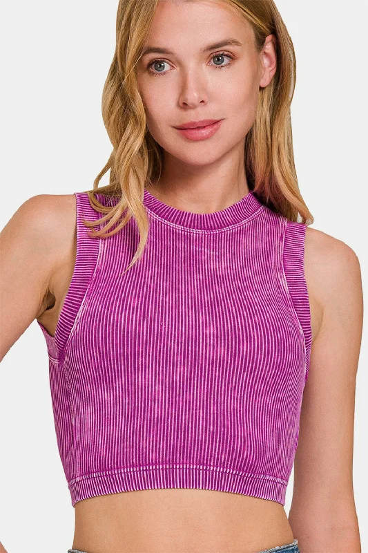 ZENANA - Washed Ribbed Seamless Crop Tank with Bra Pad