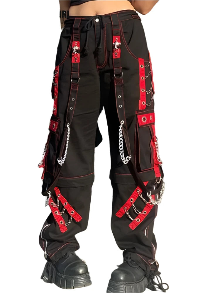 Crazy Deals PUNK STYLE GIRL Cyber Punk Unisex Cargo Wide Leg Pants Chain Bandage Gothic Baggy Grunge Pants
