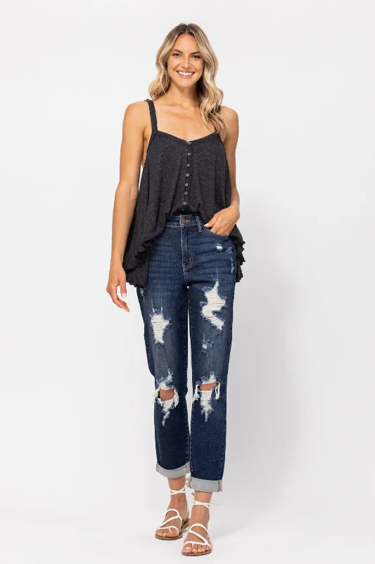 Massive Deals Judy Blue Boyfriend Fit Distressed Dark Wash Jean