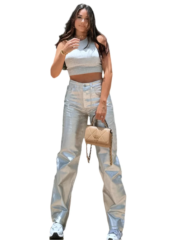 Mega Sale TRAFZA Silver High Waist Vintage Elegant Casual Loose Shiny Pants for Women