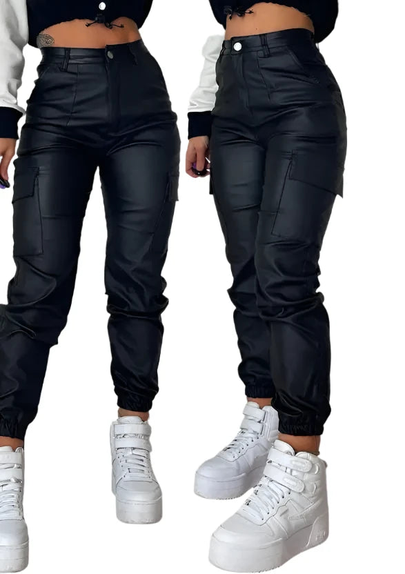 Year-End Sale PU Leather High Waist Cargo Pants Fashion Trends Pocket Design Cuffed