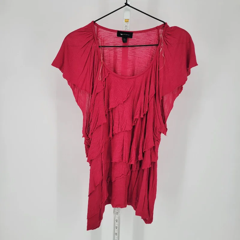 Last Chance AB Studio Womens Sz XL Ruffled Bright Pink Short Sleeve Blouse