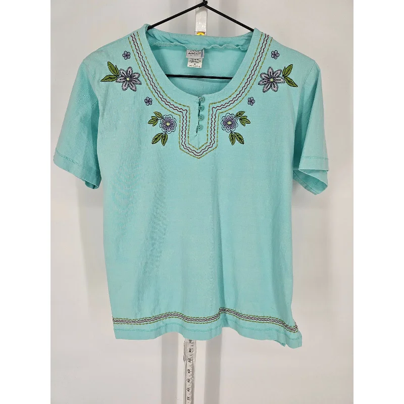 Fantastic Offers Adrian Delafield for Haband Womens Sz M Short Sleeve T Shirt Blue Embroidered