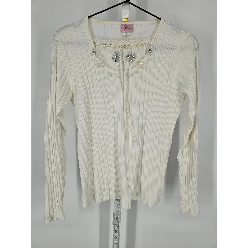 Closeout Adrian Delafield Womens Sz S Long Sleeve Ribbed Blouse White Rhinestone
