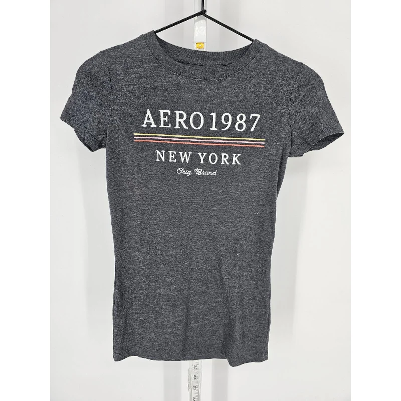 Hurry In Aeropostale Womens Sz XS Classic Crew Neck T Shirt Dark Gray Spellout Y2K