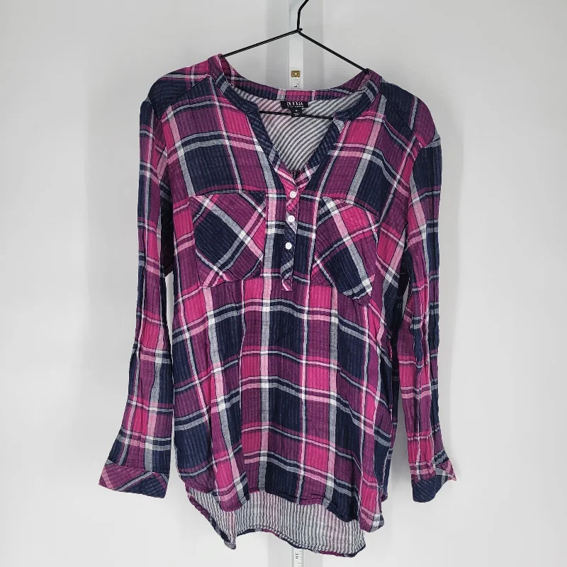 Deal Dash ANA A New Approach Womens Sz M Long Sleeve Plaid Henley Shirt Pink Purple