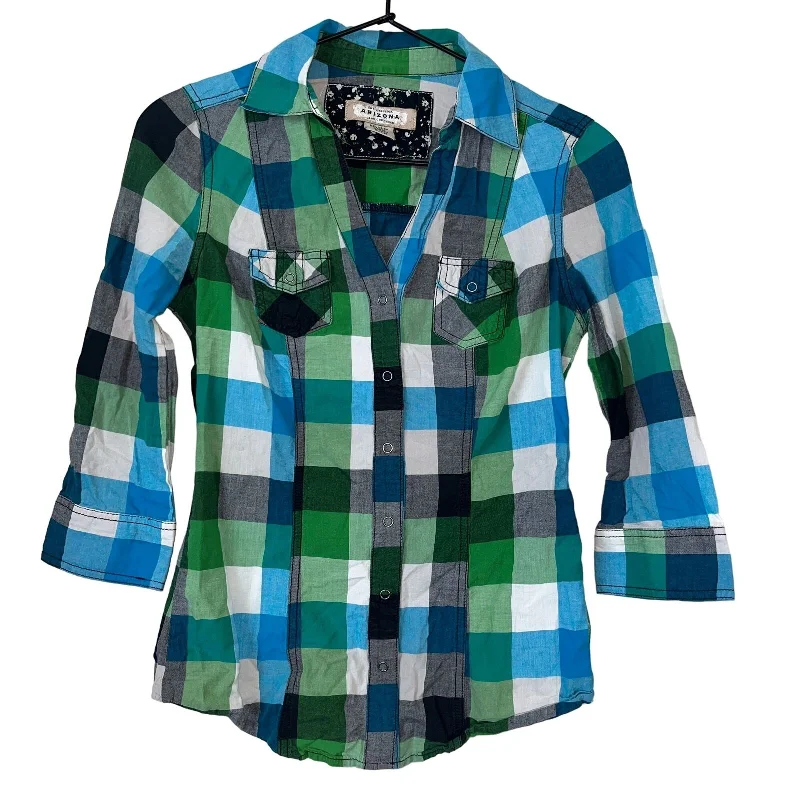 Special Discount Arizona Jeans Womens Sz S 100% Cotton Button Down Plaid Shirt Blue Green