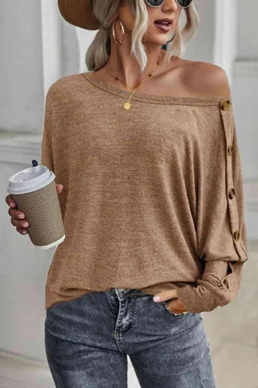 Weekend Deal Boat Neck Buttoned Long Sleeve T-Shirt