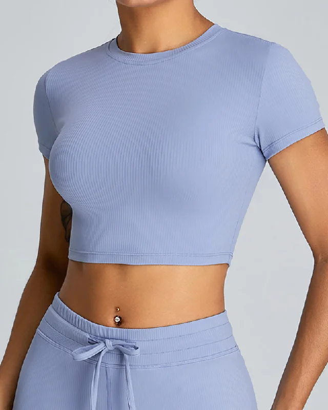 Final Markdown Breathable O-Neck Short Sleeve Solid Color Crop Top Sports T-shirt (NO Pad) White Blue Pink Black S-XL