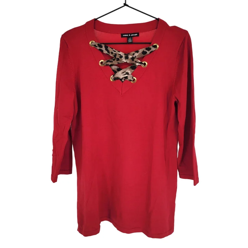 Major Savings Cable & Guage Womens Sz L 3/4 Sleeve Knut Sweater Red Leopard Print Tie Major Savings Cable & Guage Womens Sz L 3/4 Sleeve Knut Sweater Red Leopard Print Tie