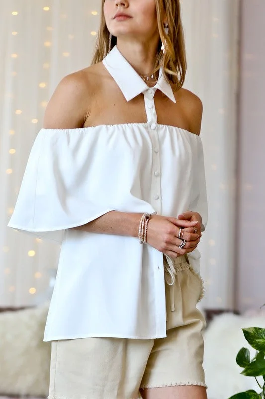 Act Now The Catalina's Off Shoulder Neck Collar Button Down Blouse