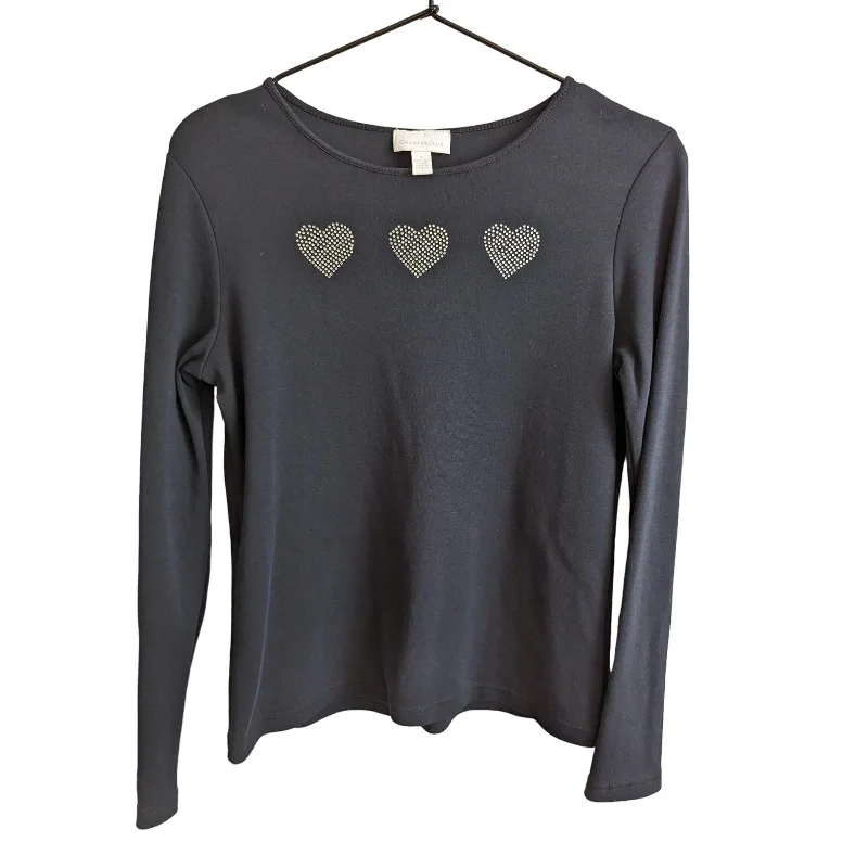 Reduced Prices Charter Club Womens Sz S Long Sleeve T Shirt Black Silver Heart Rhinestones